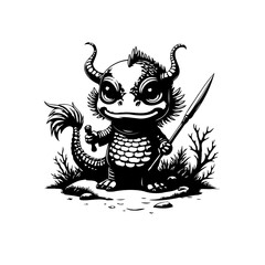 A captivating and whimsical black and white illustration of a charming cartoon dragon character holding a spear