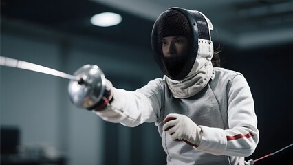 Fencer in Action: Athlete Wearing Protective Gear and Holding a Foil