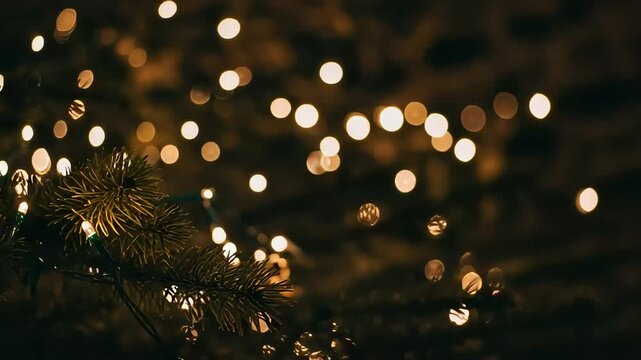 Closeup of Christmas tree branches with glowing lights and bokeh effect during festive evening