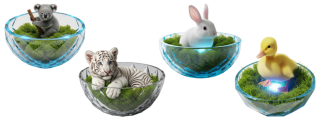 A cute collection of wild animals, including a koala and a white tiger, and a duckling in glass bowls