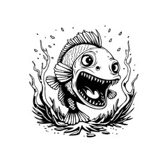 Cartoon fish illustration in black and white with scary expression in underwater wildlife scene