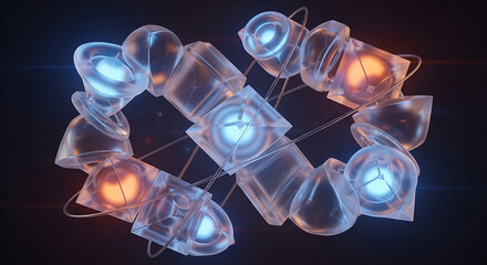 An abstract, futuristic structure of interconnected transparent modules with glowing blue and orange cores.