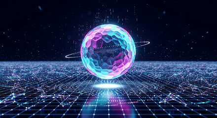 A glowing futuristic orb with a planetary ring levitates above a digital grid in space.