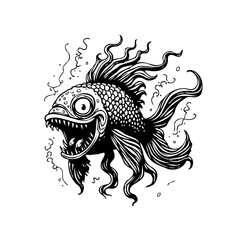 A quirky cartoon fish illustration with exaggerated features showcasing in black and white isolated design element