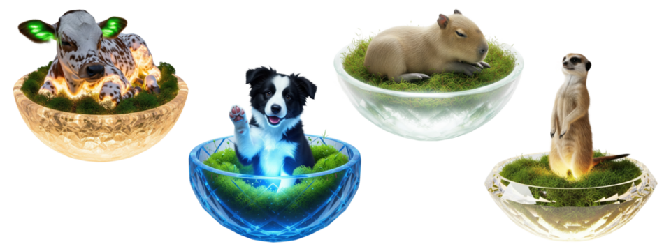 A cute collection of wild animals, including a capybara and a meerkat, and a dog in glass bowls