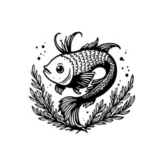 Artistic fish illustration with detailed scales and flowing fins surrounded by delicate botanical wreath design in black and white