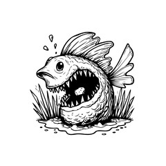 Aggressive piranha fish vector illustration with sharp teeth an underwater predator in black and white