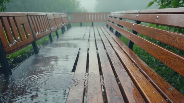 Rainy Day Serenity on Wooden Park Benches in Foggy Urban Parkscape