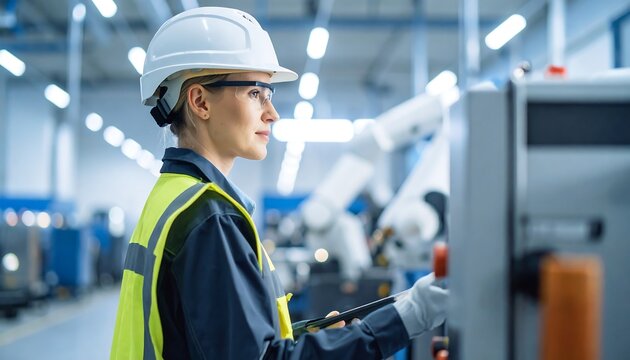 Female engineer operating machinery in a modern factory