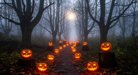 Spooky illuminated jack-o'-lanterns lining a misty path through a haunted forest for halloween