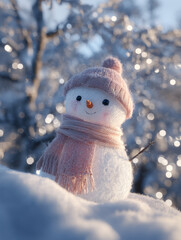 Cute snowman wearing a pink hat and scarf in a snowy forest, surrounded by sparkling frost and bokeh. Hyper-realistic winter scene in high resolution.
