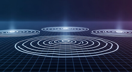 Luminous circular waves emanate from a gridded surface in a digital landscape.