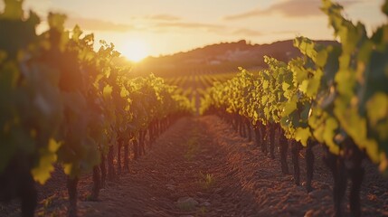 Serene Vineyard at Sunset with Lush Green Vines