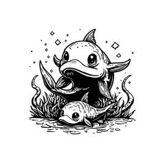 Adorable cartoon dolphins illustration with playful expressions and charming details, perfect for children's content