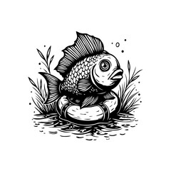 Whimsical fish illustration swimming in a life preserver ring amidst seaweed in black and white style