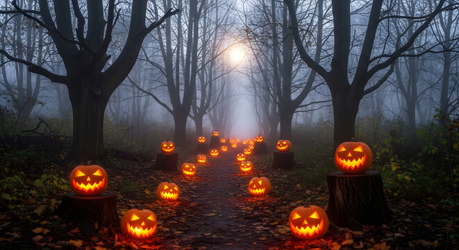 Spooky illuminated jack-o'-lanterns lining a misty path through a haunted forest for halloween