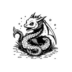 A charming illustration of a whimsical baby dragon surrounded by grass and bubbles in black and white