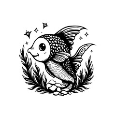 Adorable black and white fish illustration surrounded by seaweed, a charming aquatic design for creativity