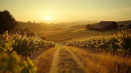 Serene vineyard landscape at sunset with barn