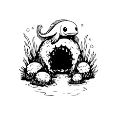 Underwater world illustration showing a cute fish sitting above cave surrounded by algae and mushrooms in a simple drawing style