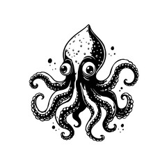 Detailed monochrome illustration showcases an octopus with curled tentacles creating an captivating sea creature drawing