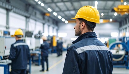 Factory worker in yellow hardhat, overseeing operations