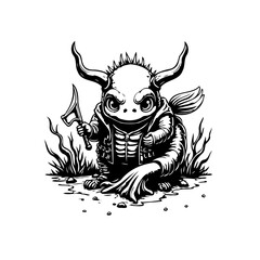 Illustration of a cute but slightly menacing creature holding an axe standing on rocky ground with vegetation