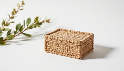 a high resolution, ultra sharp isolated intention box made from sisal fiber, placed on a pure white background with no shadow or minimal soft shadows only