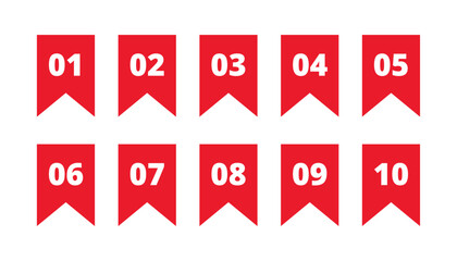 Colorful numbered bullet points or bookmarks from 01 to 10 representing list organization, task steps, progress markers, ranking, sequence, and digital navigation indicators