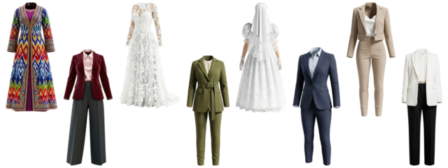 Collection of formal and casual clothing, including suits and dresses