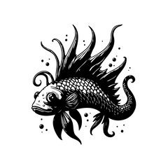 An intricately designed vector graphic depicting a fantasy fish with elongated fins and scales in black and white