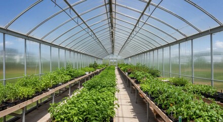 Fototapeta premium Lush Greenhouse Interior Filled with Vibrant Plants and Fresh Herbs Under a Clear Blue Sky