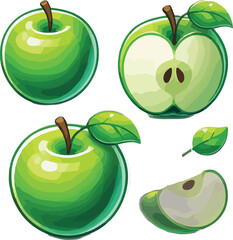 Green apples and slices with leaves fruit food