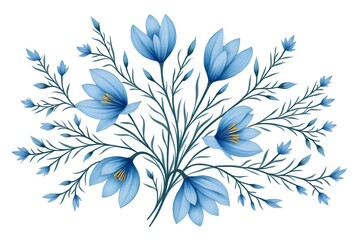 Elegant blue floral arrangement with delicate branches and leaves on soft background
