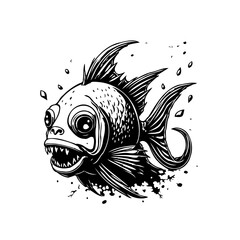 A captivating illustration of a stylized fish with exaggerated features rendered in black and white shades