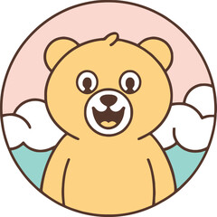 Cartoon Bear with Clouds and Blue Water Illustration in a Circle Frame Design