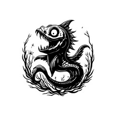 Detailed whimsical monster creature design illustration in monochrome, a dark fantasy art piece in intricate black linework