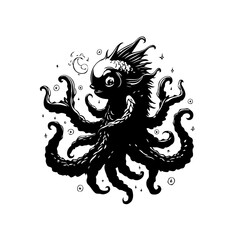 Stylized monochrome illustration depicting a whimsical creature with octopus tentacles and fish like features perfect for backgrounds
