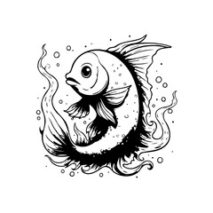 A captivating black and white illustration of a goldfish gracefully swimming in an aquatic environment with bubbles