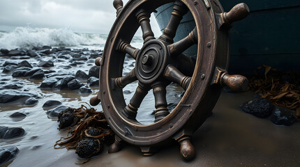 Obraz premium Ship wheel resting on rocky beach with crashing waves