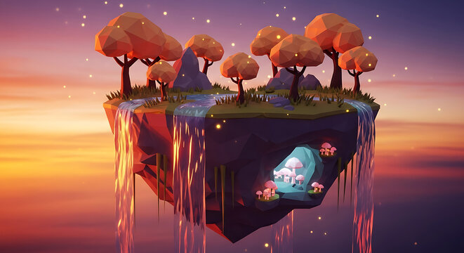 A low-poly floating island with golden trees, waterfalls, and a glowing mushroom cave at sunset.
