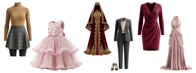 Collection of different clothing, including a traditional Armenian dress, a business suit, and evening gowns
