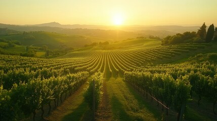 Serene Vineyard Landscape at Sunset with Rolling Hills