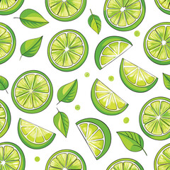 Seamless pattern of fresh citrus fruits, including lemons and limes, on a vibrant yellow background
