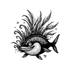Black and white illustration of a whimsical fish swimming in a sea of reeds and bubbles