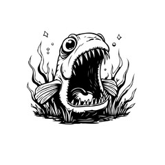 Black and white cartoon illustration of a menacing fish with sharp teeth isolated on white background