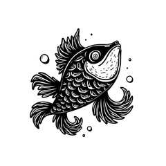 Detailed illustration of a whimsical black and white fish swimming upward design with bubbles floating