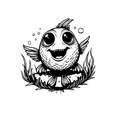 Adorable cartoon fish with big eyes and smiling face swimming among aquatic plants illustration design