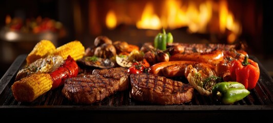 The mouthwatering display of grilled meats and fresh vegetables sizzling on the grill