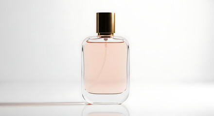 A minimalist clear glass bottle with a black cap, featuring a clean, straightforward design, on a plain white backdrop. 4K and HD image.